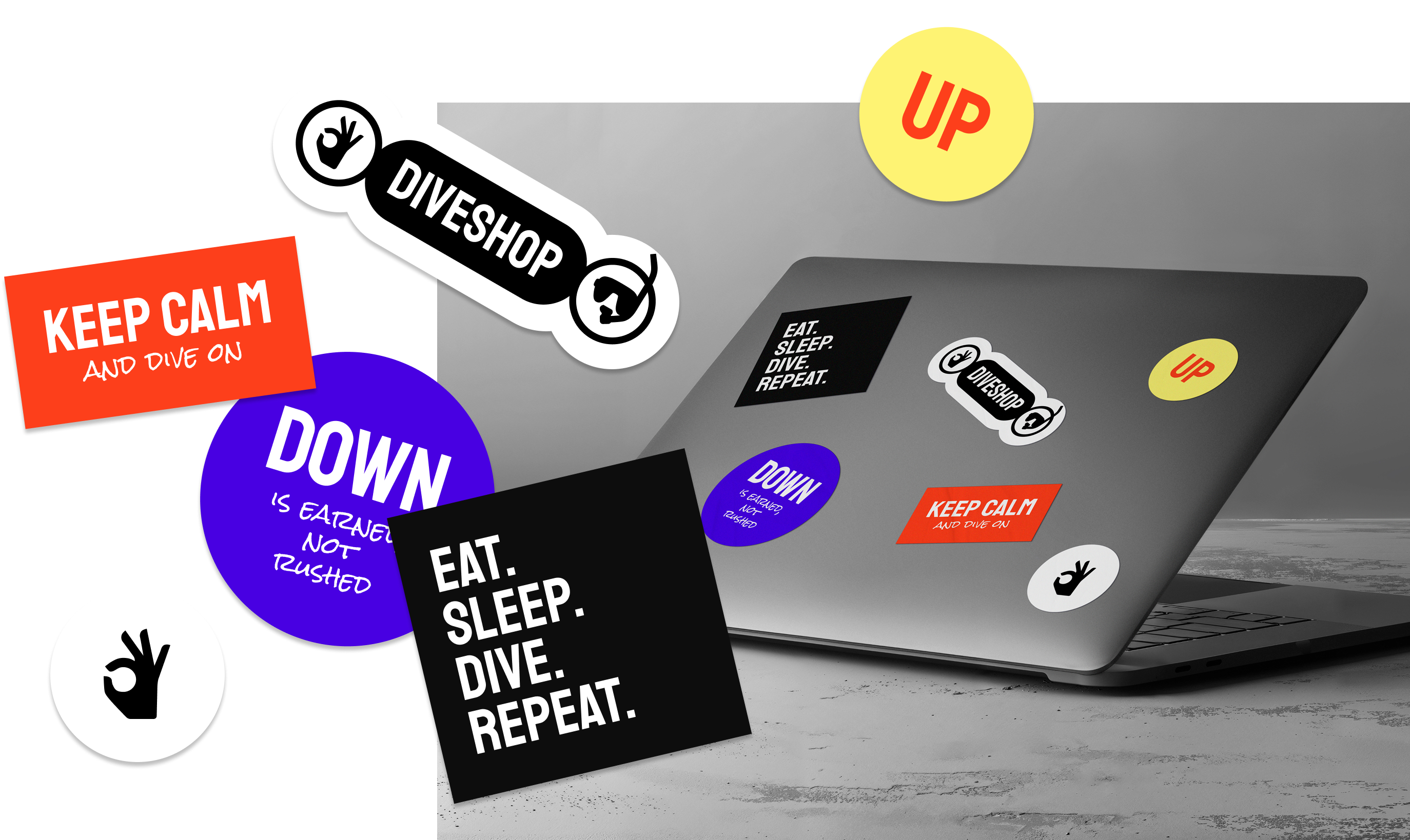 Diveshop brand language on stickers