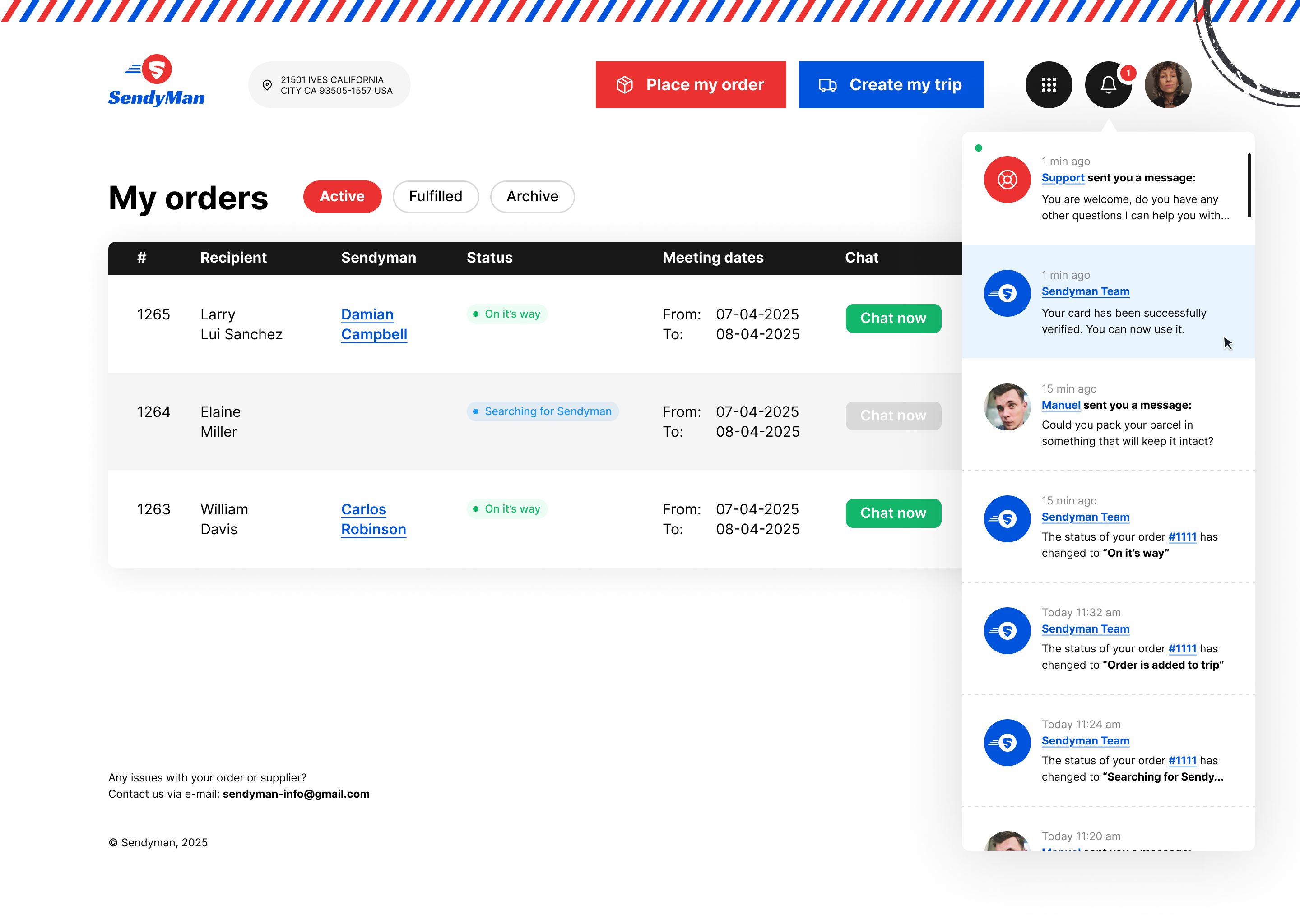 SendyMan notifications and support list