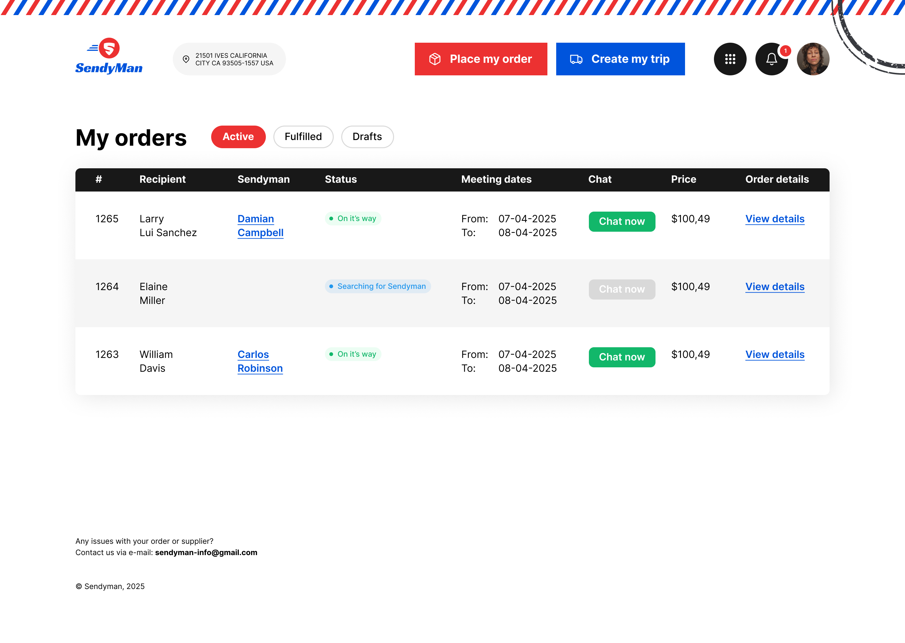 SendyMan my orders desktop tracking flow