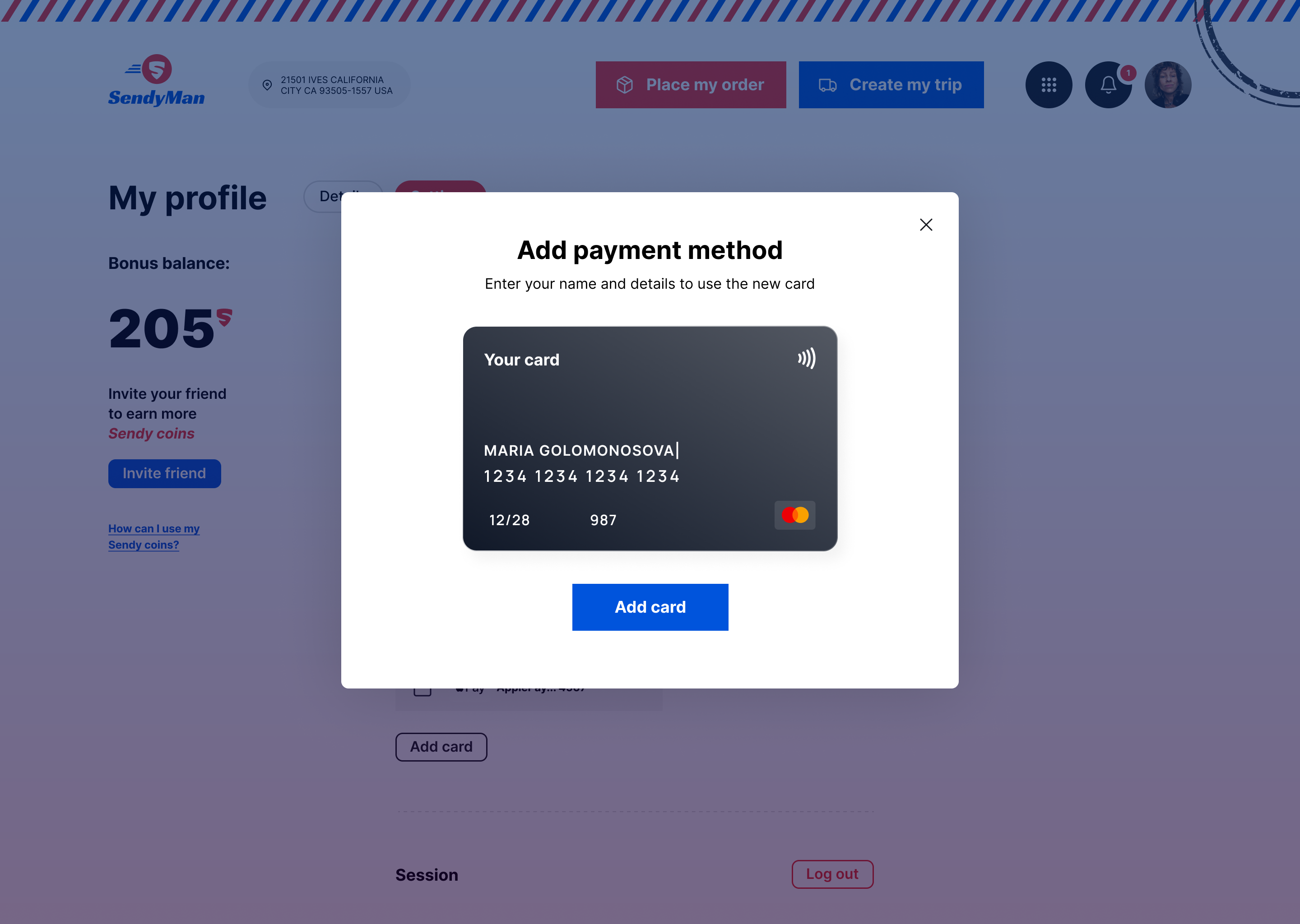 SendyMan profile add card popup flow