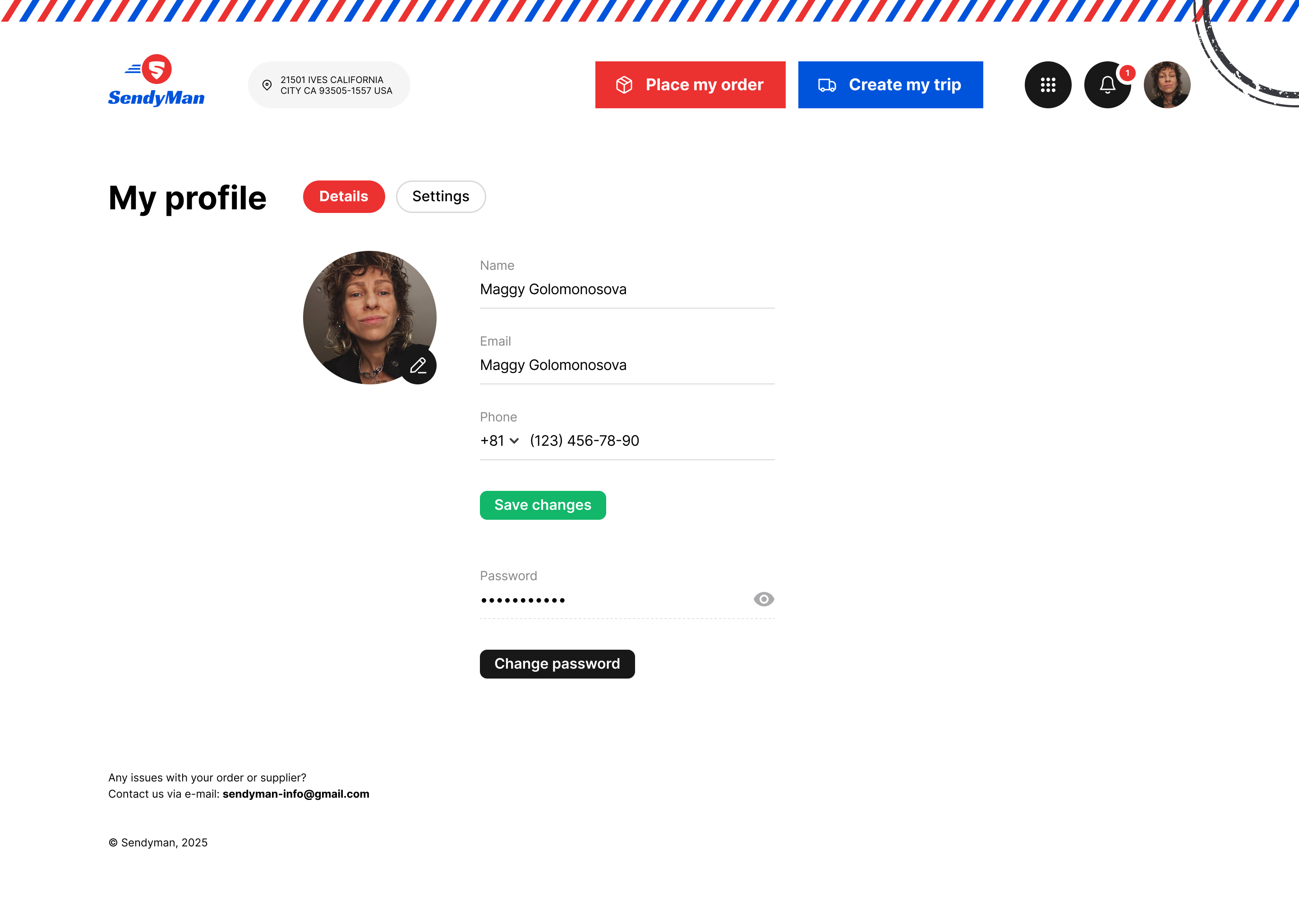 SendyMan profile details editing flow