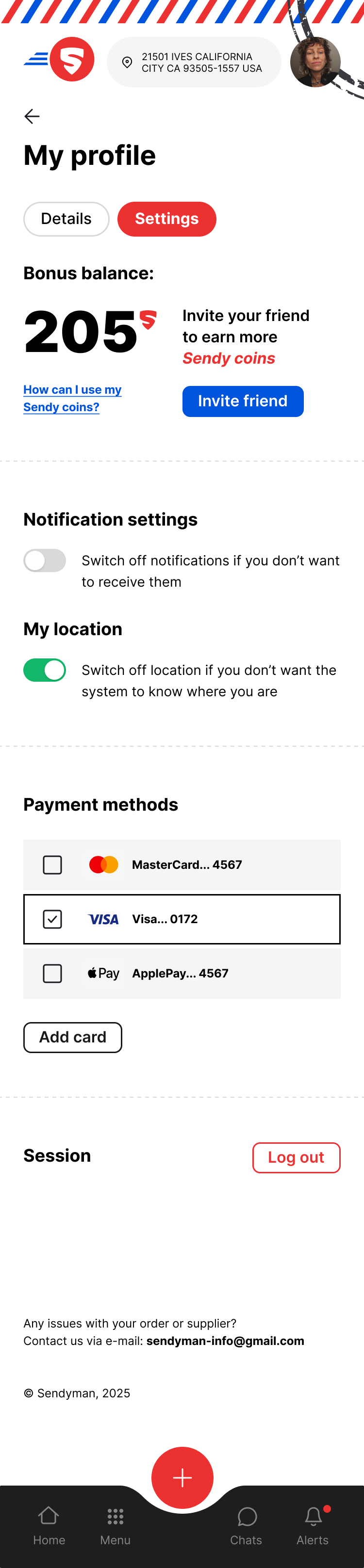 SendyMan profile settings mobile flow